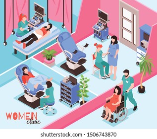 Women clinic isometric composition with doctors examining patients and conducting ultrasound checking of pregnancy vector illustration