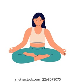 Women with closed eyes in yoga lotus pose on white background. Female practices meditation and relaxation. Mental wellness, self care and harmony. Flat vector illustration