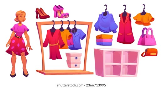 Women cloth boutique interior elements. Cartoon vector set of fashion store objects - female mannequin, rack with apparel on hangers, dresses and shirts, shoes and accessories, empty shelves.