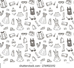 Women clothes and accessories, hand drawn doodle seamless pattern