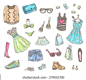 Women clothes and accessories, hand drawn doodle set
