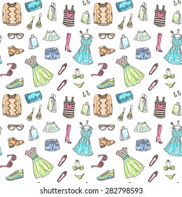 Women clothes and accessories, hand drawn doodle seamless pattern