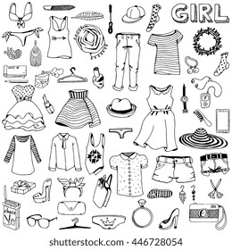 Women clothes and accessories. Hand drawn doodle.