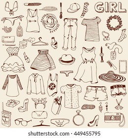 Women clothes and accessories. Hand drawn doodle.