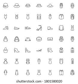 Women clothes and accessories line icons set. linear style symbols collection, female clothing outline signs pack. vector graphics. Set includes icons as dress, skirt, hat, shoes, jacket, swimsuit