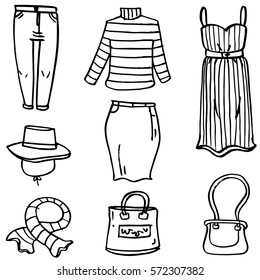 Women clothes and bag doodles vector illustration