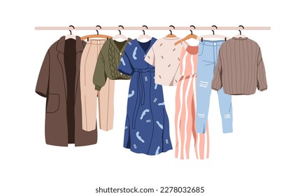 Women clothes hanging on hanger rail. Casual female wardrobe, feminine wearing on rack. Modern apparel, garments row for sale, charity, stock. Flat vector illustration isolated on white background