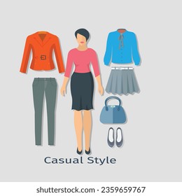 women clothes icon collection, business style, cocktail clothes, casual style, beach clothes