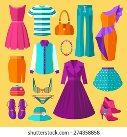 Women Clothes Icons Flat Set With Dress and Accessories