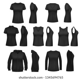 Women clothes isolated mockups. T-shirt and hoodie, sweatshirt and singlet, sleeveless shirt and blouse. Vector female underwear basic clothes black mockups, casual garments design