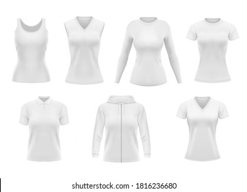 Women Clothes Isolated Vector Tshirt, Hoodie And Polo Shirt With Singlet And Longsleeve Apparel Mockup. Realistic 3d Female Garment, White Underwear Template. Blank Clothing Design, Outfit Objects Set