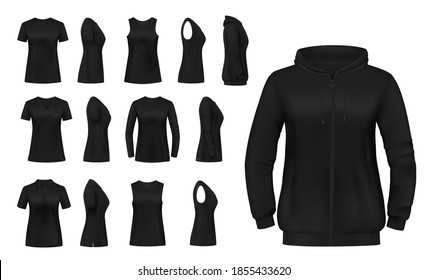 Women Clothes Isolated Vector Tshirt, Hoodie And Longsleeve Shirts With Singlet Apparel Mockup. Realistic 3d Female Garment, Black Underwear Template. Blank Wear Clothing Design, Outfit Objects Set