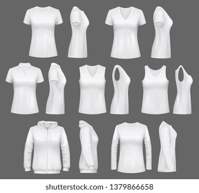 Women clothes mockups of t-shirts, sport tank tops or sportswear hoodies. Vector white womenswear apparel and casual polo or sleeveless shirt realistic models, blank front and side view