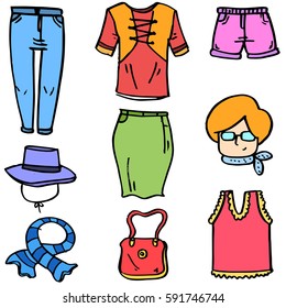 Women clothes object set of doodles vector art