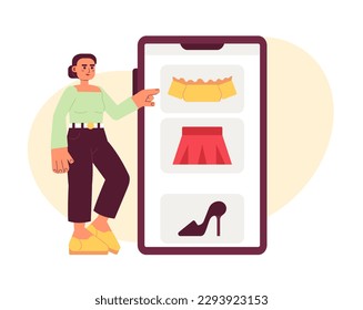 Women clothes online shopping flat concept vector spot illustration. Editable 2D cartoon character on white for web UI design. Young woman selecting outfit on mobile phone creative hero image