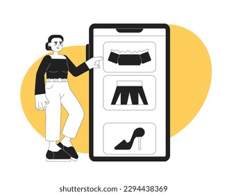 Women clothes online shopping monochrome concept vector spot illustration. Editable 2D flat bw cartoon character for web UI design. Select outfit on phone hand drawn hero image on colorful background