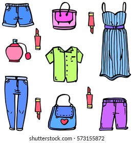 Women clothes set of doodles vector art