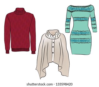 Women clothes set. Sweaters winter clothing. Female fashion jerseys collection.