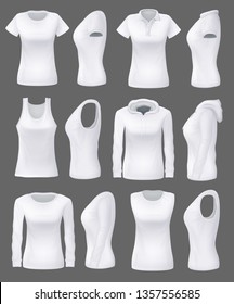 Frauen Kleidung und Sportbekleidung Modell 3D realistisch, leere Vorder- und Seitenansicht. Weiße T-Shirts, Tanks und Hoodies aus Vektorillustration, Polovorlagen oder Shirts ohne Schellen