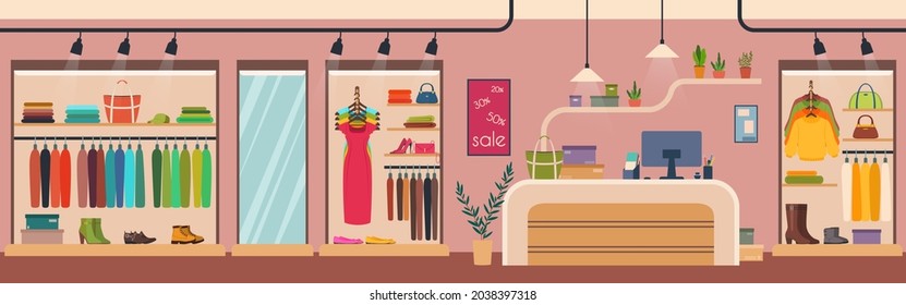 Women clothes store, fashion boutique interior. Female apparel and accessories retail clothing shop with counter table vector illustration. Room interior with glamour female outfits