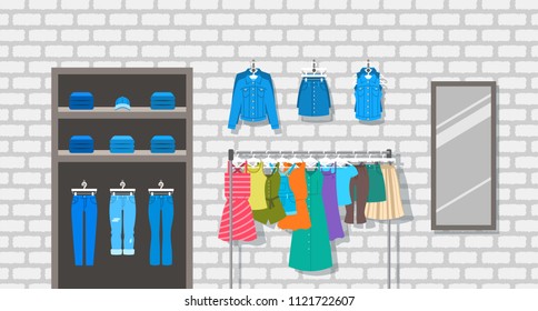 Women clothes store indoor interior illustration. Flat vector background. Female casual outfit shop. Different garments hanging on hanger rack. Denim jeans lie on shelves. Large mirror on a brick wall