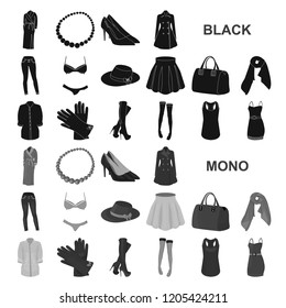 Women Clothing black icons in set collection for design.Clothing Varieties and Accessories vector symbol stock web illustration.