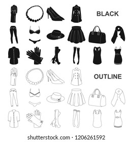 Women Clothing black icons in set collection for design.Clothing Varieties and Accessories vector symbol stock web illustration.