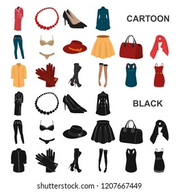 Women Clothing cartoon icons in set collection for design.Clothing Varieties and Accessories vector symbol stock web illustration.