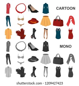 Women Clothing cartoon icons in set collection for design.Clothing Varieties and Accessories vector symbol stock web illustration.