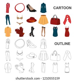 Women Clothing cartoon icons in set collection for design.Clothing Varieties and Accessories vector symbol stock web illustration.
