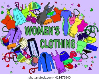 Women clothing line art design vector illustration. Separate objects. Hand drawn doodle design elements.