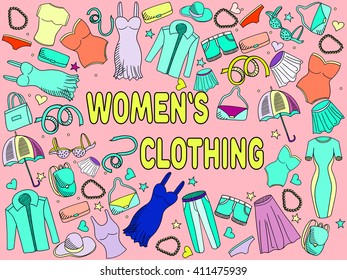 Women clothing line art design vector illustration. Separate objects. Hand drawn doodle design elements.