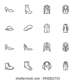 Women clothing line icons set, outline vector symbol collection, linear style pictogram pack. Signs, logo illustration. Set includes icons as high heel shoes, boot, winter coat, scarf, jacket, socks