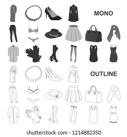 Women Clothing monochrom icons in set collection for design.Clothing Varieties and Accessories vector symbol stock web illustration.