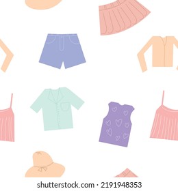 Women clothing Seamless pattern, texture, background, wallpapers, endless ornament, repeating print for textiles, wrapping paper, fabric, packaging design, cover design: skirt, shorts, shirt, top, hat
