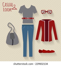 Women clothing set. Casual look. Flat style vector illustration.