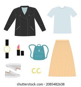 Women clothing set. Stylish and trendy female clothes and accessories. Casual day look. Isolated vector illustration 