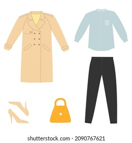 Women clothing set. Stylish and trendy female clothes and accessories. Isolated vector illustration 