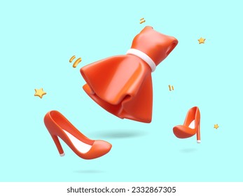 Women clothing and shoes. Advertising poster in cartoon style. Floating 3D objects on blue background. Dress, high heeled shoes, sequins, stars. Modern fashion