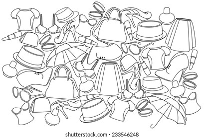 WOMEN CLOTHING AND SHOES BACKGROUND LINE. VECTOR ILLUSTRATION
