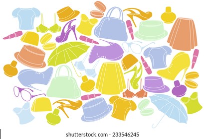 WOMEN CLOTHING AND SHOES BACKGROUND. VECTOR ILLUSTRATION
