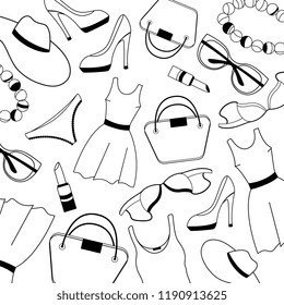 Women clothing, shoes, underwear and accessories pattern.