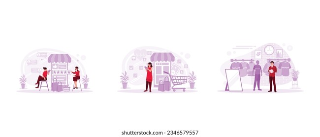 Women clothing shop owners look at sales ratings in online stores, shop using smartphones, and retail sales managers check stock using tablets. Set Trend Modern vector flat illustration