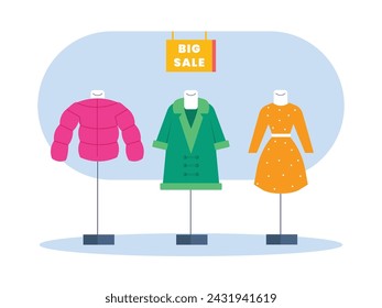 Women clothing store, with fashion jackets, coats and dresses on display with big sale. Vector flat illustration