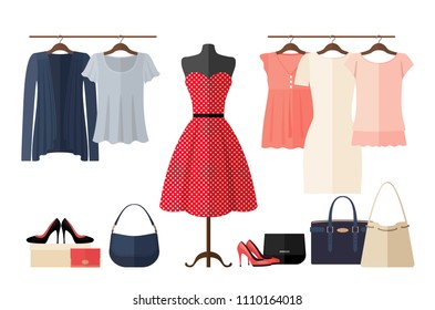 Women Clothing store interior in flat style isolated on white. Women's fashion shop. Vector illustration.