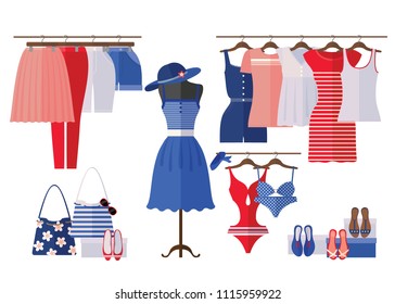 Women Clothing store interior with summer clothes in flat style isolated on white. Women's fashion shop. Vector illustration.