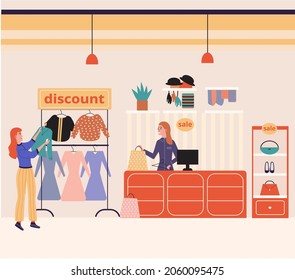 Women in clothing store on black friday. Seasonal discount offers clothes on sale. Closeout in boutique. Happy shopaholic makes purchase. Satisfied female customer with shopping bags in fashion market