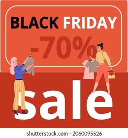 Women in clothing store on black friday. Seasonal discount offers clothes on sale. Closeout in boutique. Happy shopaholic makes purchase. Satisfied female customer with shopping bags in fashion market