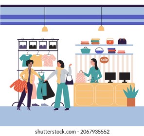 Women in clothing store on black friday. Seasonal discount offers clothes on sale. Closeout in boutique. Happy shopaholic makes purchase. Satisfied female customer with shopping bags in fashion market