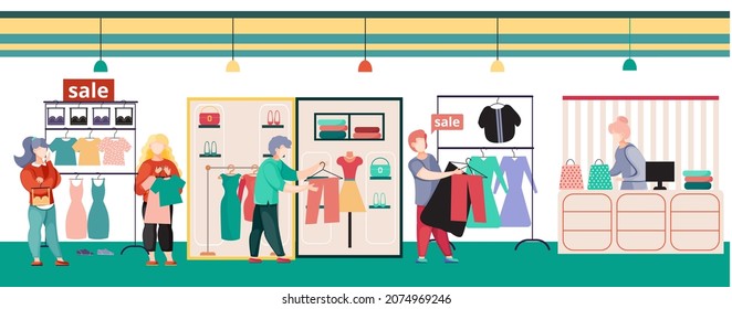 Women in clothing store on black friday. Seasonal discount offers clothes on sale. Closeout in boutique. Happy shopaholic makes purchase. Satisfied female customer with shopping bags in fashion market